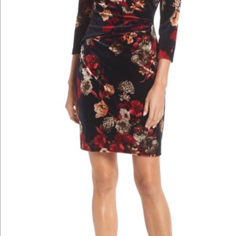 Front Ruched Floral Velvet Dress